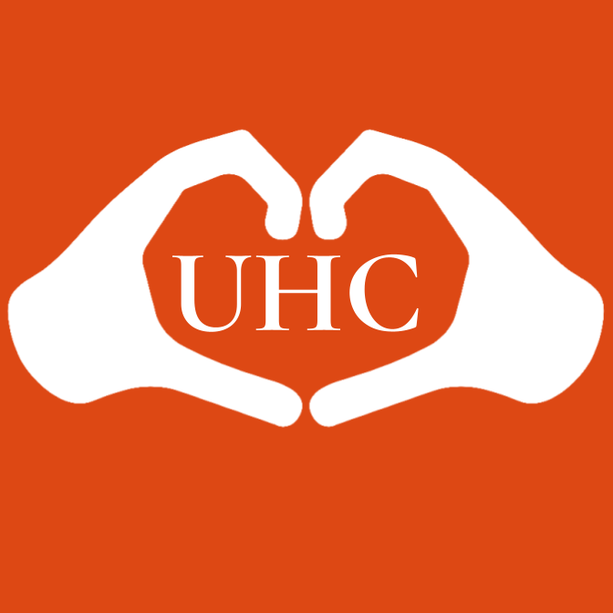Two hands forming a heart with the letters UHC in the middle of the heart
